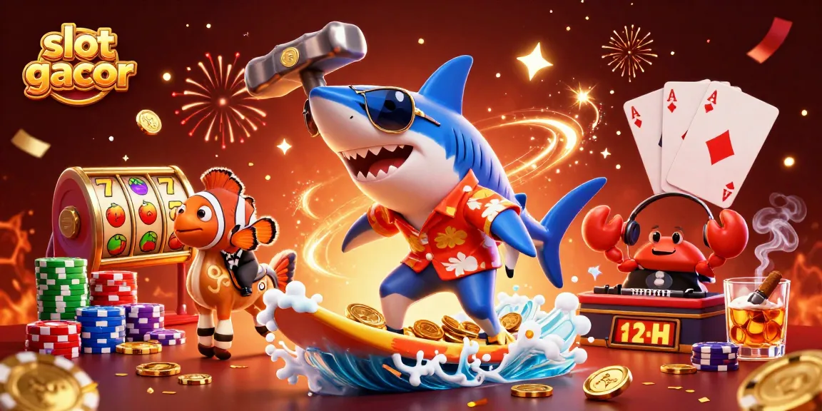 Experience slot gacor excitement with a vibrant 3D cartoon scene of characters celebrating.
