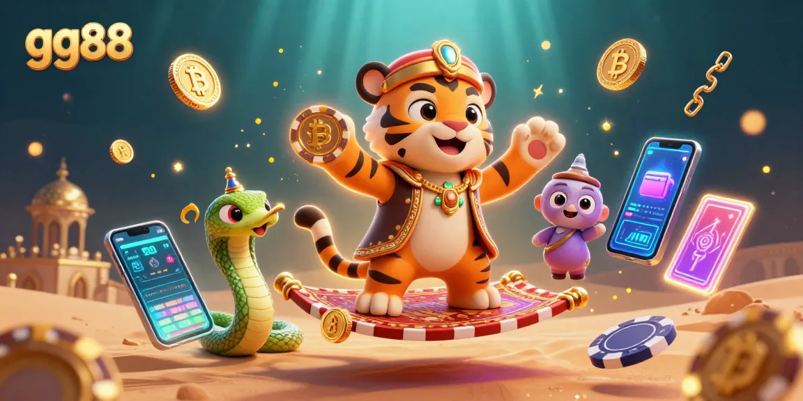 Experience the thrill of gg88 slots with a vibrant 3D illustration featuring a tiger sultan and crypto elements.