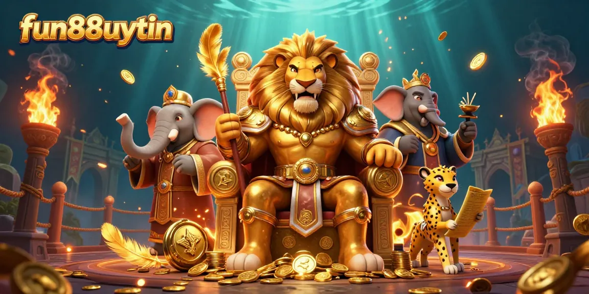 Experience the thrill of fun88uytin with casino icons amid animated characters in a vibrant scene.