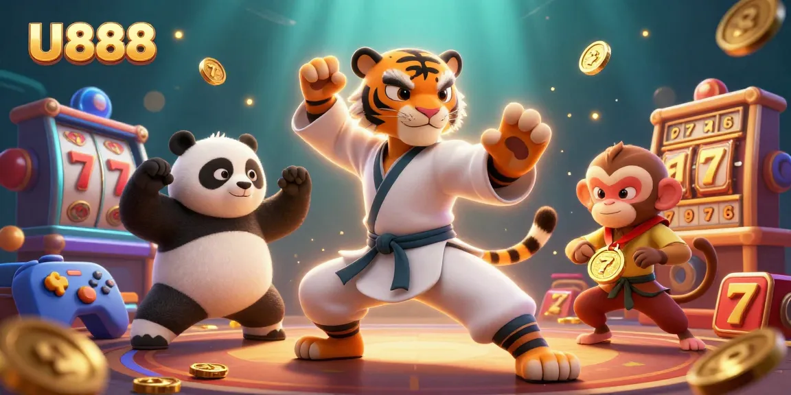 Engage with U 888 in a thrilling casino with colorful slot reels, golden medals, and playful characters.