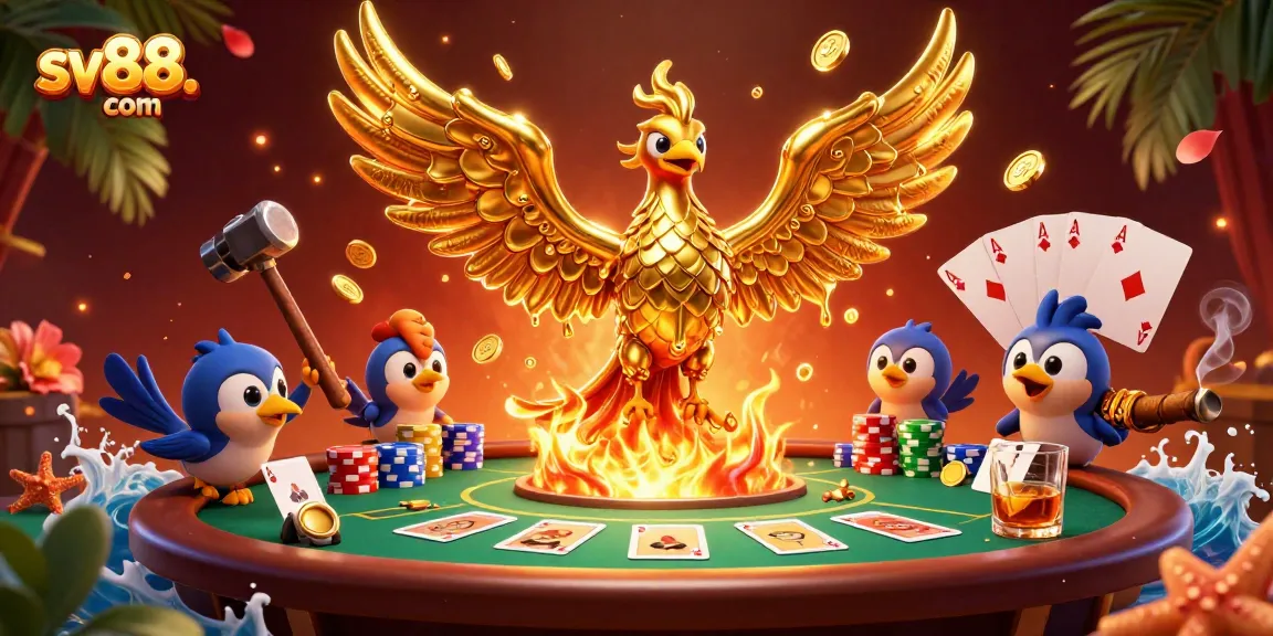 Experience thrilling gameplay at sv88. com with dynamic poker tables and a molten phoenix symbolizing fortune.