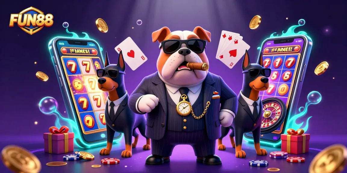 Play exciting slot games at FUN88 with a vibrant 3D cartoon casino scene featuring a mafia bulldog.