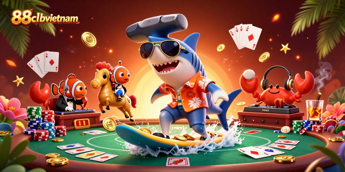 Surf the waves of fortune at 88clbvietnam with a shark, clownfish, and crab DJ!