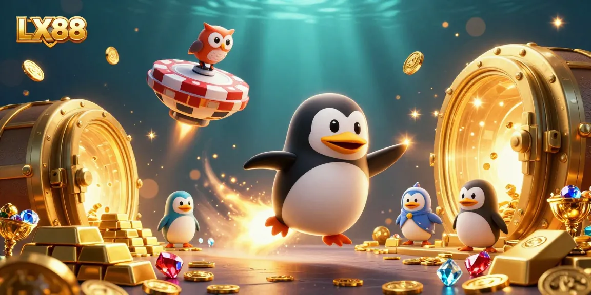 Experience thrilling wins at LX88 with a golden penguin racing towards jackpot riches in this vibrant casino scene.