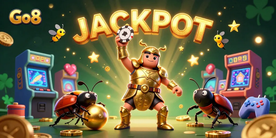 Go8 celebrates jackpots with a victorious hercules beetle, surrounded by gaming excitement.
