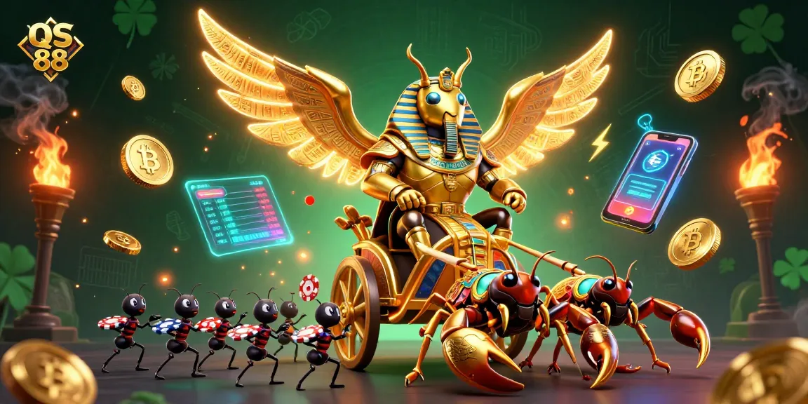 Experience excitement with QS 88 as a golden scarab and scorpions energize the casino scene.