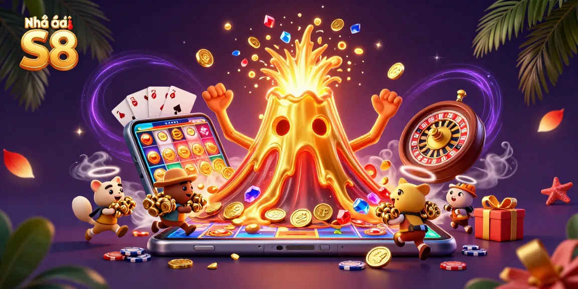 Play with excitement at Nhà cái S8's vibrant casino, with treasures erupting from a golden volcano.